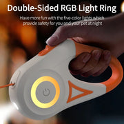 Automatic retractable dog leash with double-sided RGB light ring and flashlight for night safety