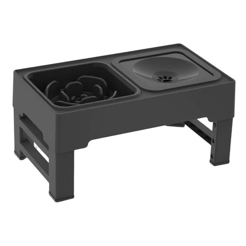 Black elevated mess-free raised dog bowls with slow feeder and splash-proof water compartments on adjustable stand