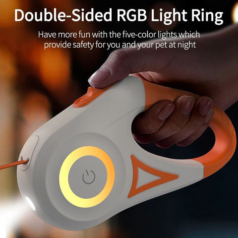 Automatic retractable dog leash with double-sided RGB light ring and flashlight for night safety