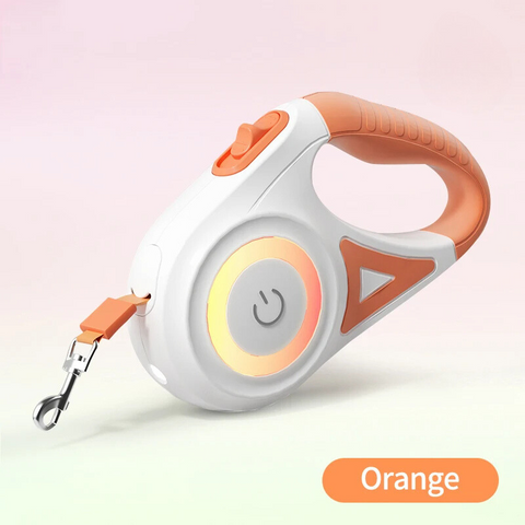 Orange automatic retractable dog leash with LED flashlight and ergonomic handle for nighttime walks