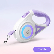 Purple automatic retractable dog leash with LED flashlight and ergonomic handle for safe nighttime walks