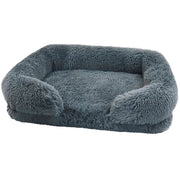 Soft gray orthopedic soft dog sofa bed with plush foam cushioning and raised sides for medium-sized dogs, featuring a removable washable cover and nonskid bottom.