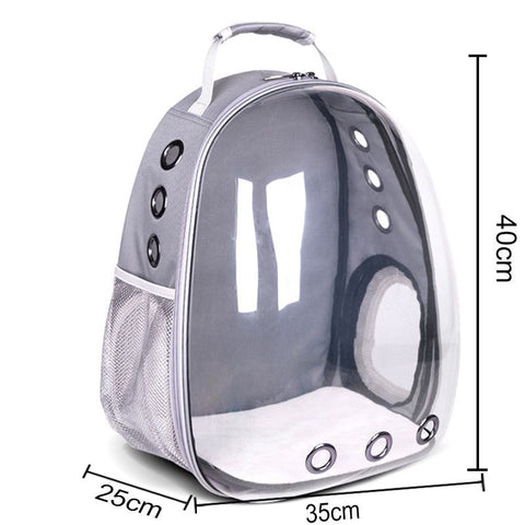 Transparent cat carrier backpack with breathable air holes and side mesh pocket, measuring 40x35x25 cm, designed for pet safety and comfort during travel.