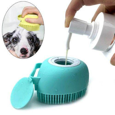 Silicone pet bath brush with shampoo dispenser for comfortable dog massage and cleaning