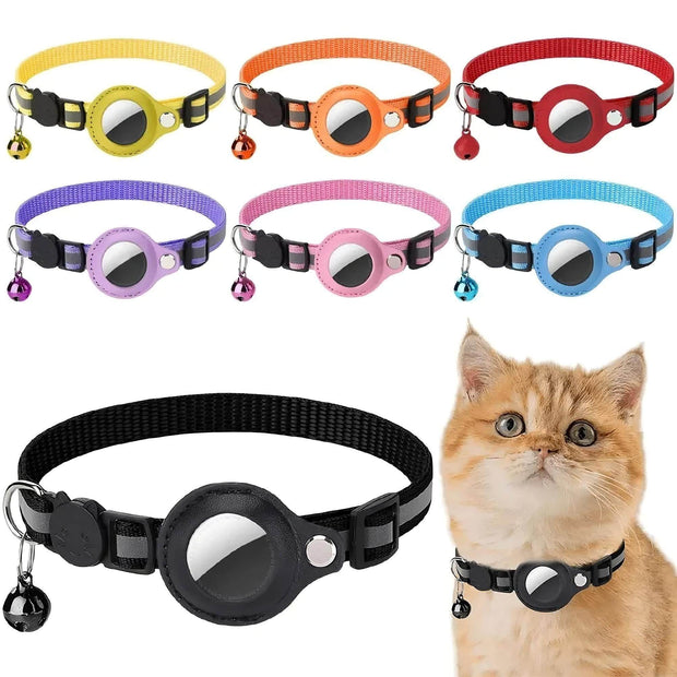 Reflective cat collars with built-in AirTag holders and breakaway buckles in multiple colors shown on a cat and individually.