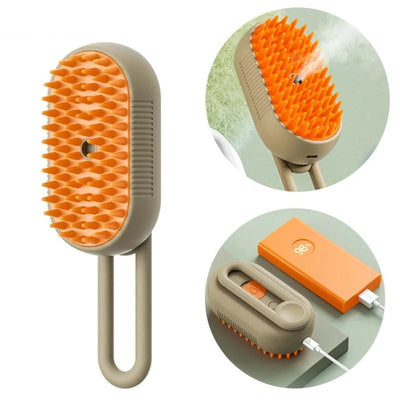 3 in 1 Cat Steam Brush with silicone bristles, steam function, and rechargeable design for pet grooming and hair removal