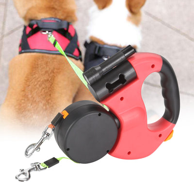 Retractable pet leash with LED light, dual dog leash, poop bag hook, and ergonomic handle for easy control