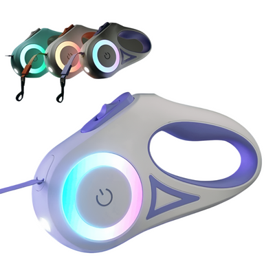 Automatic retractable dog leash with LED flashlight and RGB flow light ring in multiple colors for nighttime walking safety.