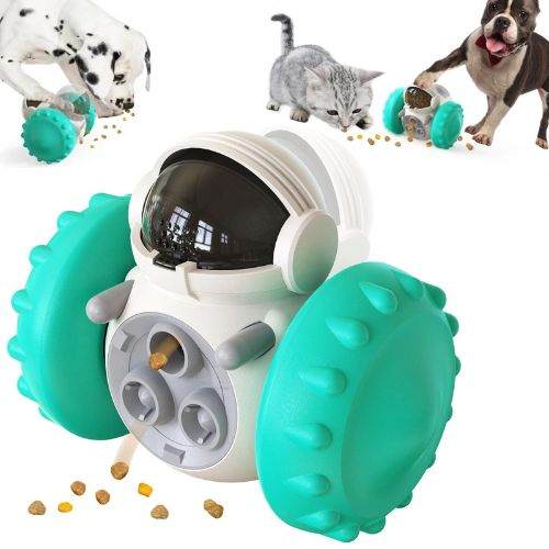 Pet treat dispenser toy shaped like a tilting robot with large wheels for interactive feeding and mental stimulation for dogs and cats.