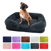 Soft dog sofa bed with orthopedic support and plush cushioning for medium-sized dogs, shown in dark gray with a dog sitting.