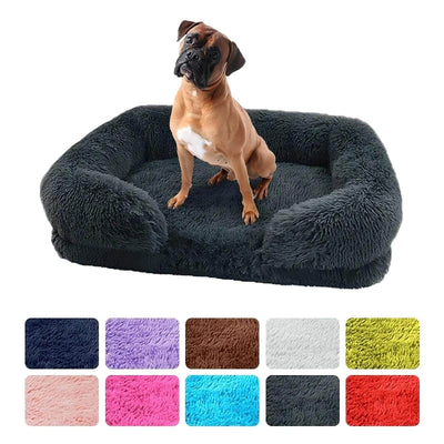 Soft dog sofa bed with orthopedic support and plush cushioning for medium-sized dogs, shown in dark gray with a dog sitting.