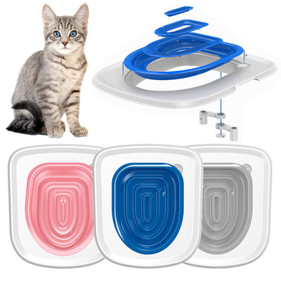 Cat Toilet Trainer set in pink, blue, and gray with a gray tabby kitten, showing removable and durable ABS design for toilet training cats.