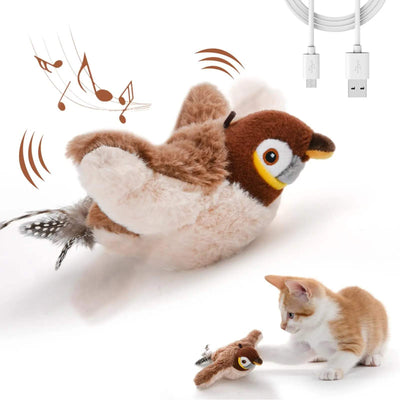 Interactive bird cat toy with flapping wings, chirping sounds, motion sensor, USB rechargeable, and included silvervine and catnip pouch for cat stimulation.