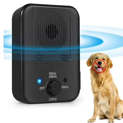 Compact black ultrasonic dog bark stopper device emitting sound waves to reduce barking behavior in dogs, shown next to a golden retriever with a no barking symbol.