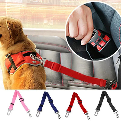 Dog wearing red adjustable pet car seat belt harness secured in car seat, with close-up of seat belt buckle and additional color options shown below
