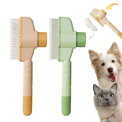 Two styles of pet hair and flea combs with self-cleaning feature next to a dog and a cat