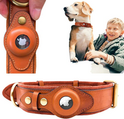 Leather AirTag dog collar in brown with secure Apple AirTag holder shown on a dog with a child.