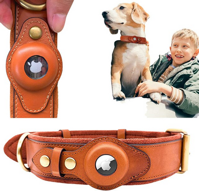 Leather AirTag dog collar in brown with secure Apple AirTag holder shown on a dog with a child.