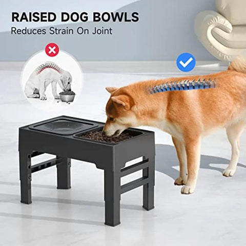 Raised dog bowls with adjustable height stand reducing joint strain for medium to large dogs