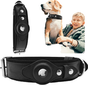 Black leather dog collar designed to securely hold an Apple AirTag for pet tracking and safety.