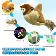 Interactive bird cat toy with touch-activated flapping wings, vivid sound, included catnip, and USB rechargeable design
