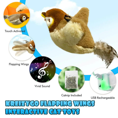Interactive bird cat toy with touch-activated flapping wings, vivid sound, included catnip, and USB rechargeable design