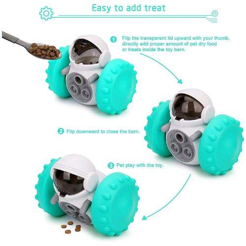 Robot-shaped pet treat dispenser toy with large blue wheels for mental stimulation and easy treat loading.