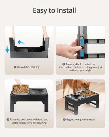 Step-by-step installation of raised dog bowls with adjustable legs and separate food and water bowls for a mess-free pet feeding experience