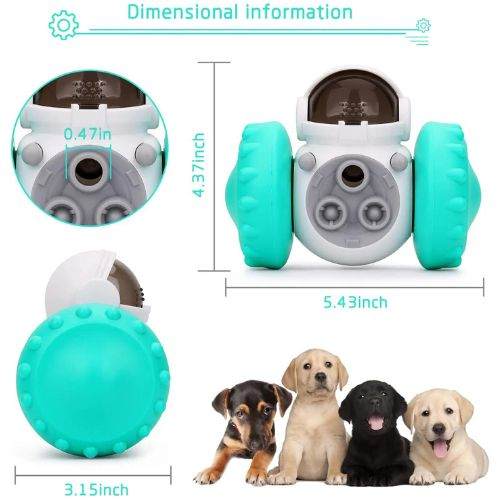 Pet treat dispenser toy with robot design and large turquoise wheels for mental stimulation and exercise of dogs and cats.