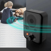 Compact black ultrasonic dog bark stopper device emitting sound waves in home setting with child and dog in background