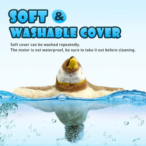 Interactive bird cat toy with soft, washable cover partially submerged in water to show cleanliness feature