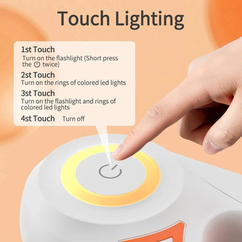 Close-up of a hand touching the power button on an automatic retractable dog leash with LED light control ring.