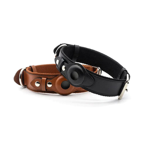 Two leather AirTag dog collars in black and brown designed to securely hold Apple AirTags for pet tracking.