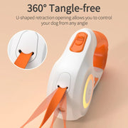 Automatic retractable dog leash with LED flashlight and tangle-free 360-degree rotation design in white and orange