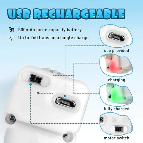 USB rechargeable interactive bird cat toy with motion sensor, flapping wings, chirping sounds, 500mAh battery, and motor switch.
