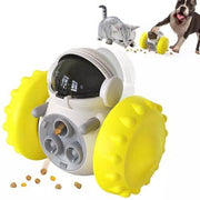 Pet treat dispenser toy shaped like a robot with large yellow wheels for mental stimulation of cats and dogs.
