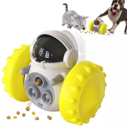 Pet treat dispenser toy shaped like a robot with large yellow wheels for mental stimulation of cats and dogs.