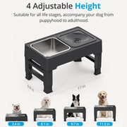 Adjustable raised dog bowl stand with slow feeder and splash-proof water bowl for medium to large dogs