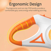 Ergonomic orange and white handle of automatic retractable dog leash with non-slip TPR grip for comfortable walking