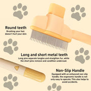 Pet Hair & Flea Comb with round and mixed metal teeth, non-slip handle for safe and effective grooming of cats and dogs.