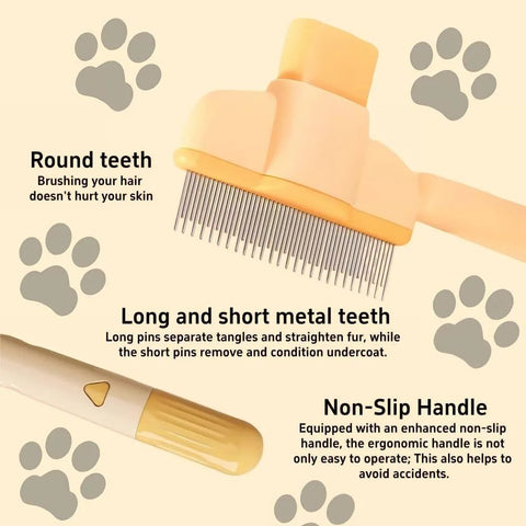 Pet Hair & Flea Comb with round and mixed metal teeth, non-slip handle for safe and effective grooming of cats and dogs.