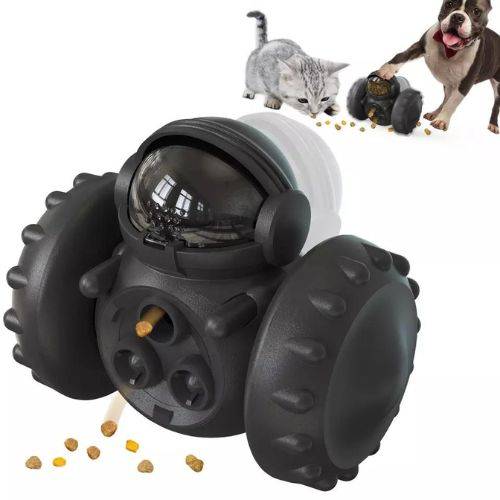 Interactive black pet treat dispenser toy with large wheels for dogs and cats mental stimulation