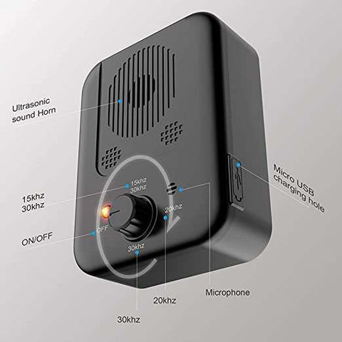 Compact black dog bark stopper device with ultrasonic sound horn, adjustable frequency settings, microphone, on/off switch, and micro USB charging port