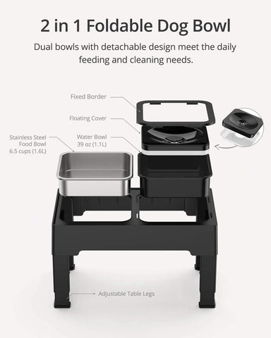 Elevated mess-free raised dog bowls with adjustable legs, slow feeder and stainless steel options, plus splash-proof water bowl with floating cover.