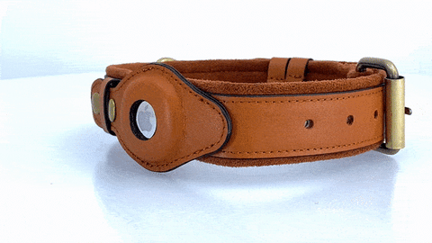 Leather AirTag dog collar in brown with secure AirTag holder and adjustable buckle for pet safety and style