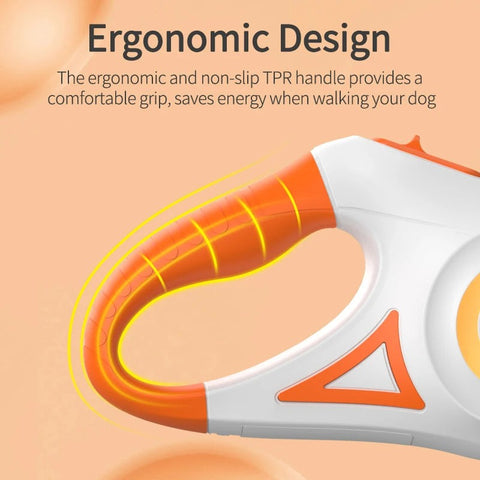 Ergonomic orange and white handle of automatic retractable dog leash with non-slip TPR grip for comfortable walking