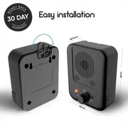 Black ultrasonic dog bark stopper device with easy installation and adjustable settings, compact design with money-back guarantee