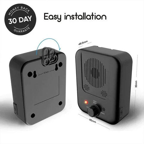 Black ultrasonic dog bark stopper device with easy installation and adjustable settings, compact design with money-back guarantee