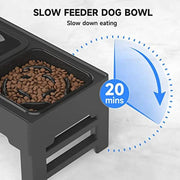 Close-up of elevated mess-free raised dog bowl with slow feeder design to slow down eating for 20 minutes