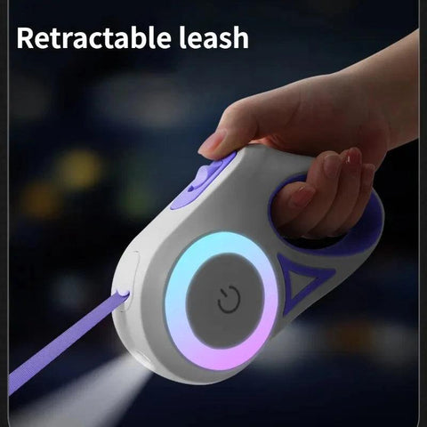Automatic retractable dog leash with LED flashlight and colorful glowing ring for nighttime walks
